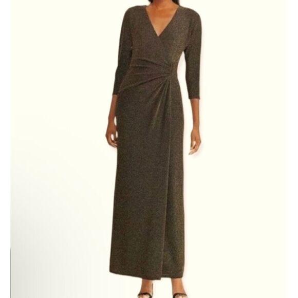 Lauren Ralph Lauren Black & Gold Metallic Ruched Evening Gown Dress Size 8 NEW - Picture 1 of 9